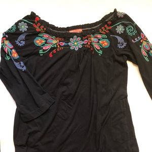 Johnny Was Off Shoulder Embroidered Shirt Dress